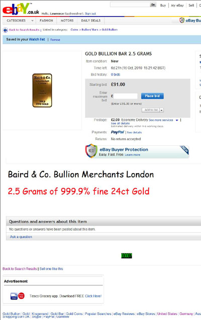 stella1972_123 eBay Listing Using our Baird One Ounce Gold Bullion Bar Photograph